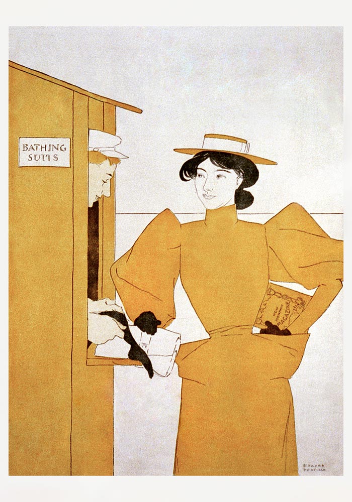 Woman picking up bathing suits by Edward Penfield