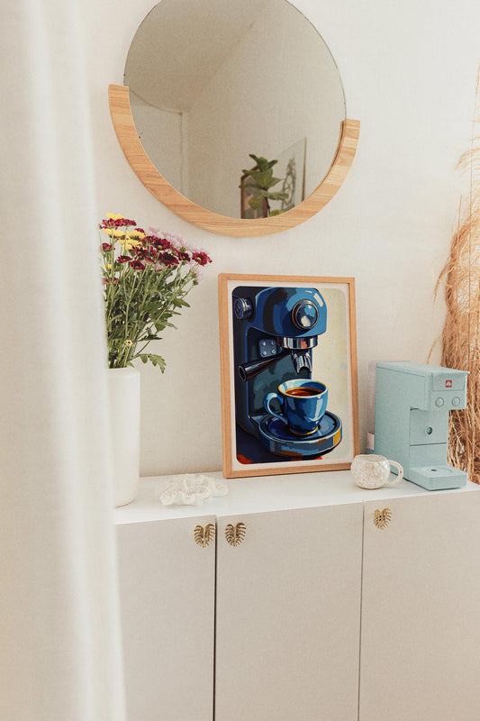 Blue Coffee Machine Food Poster