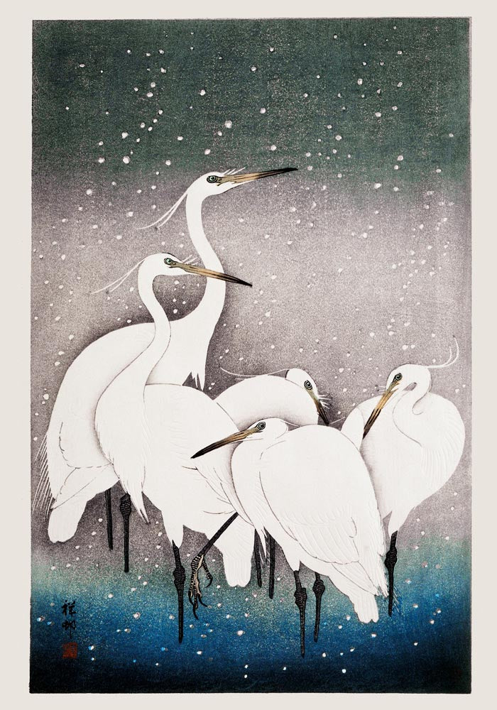 5 White Egrets in the snow by Koson