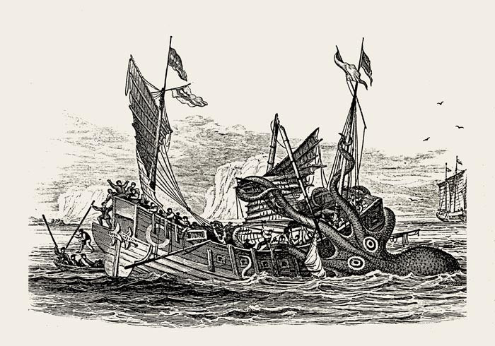 Colossal Octopus War Antique Print
