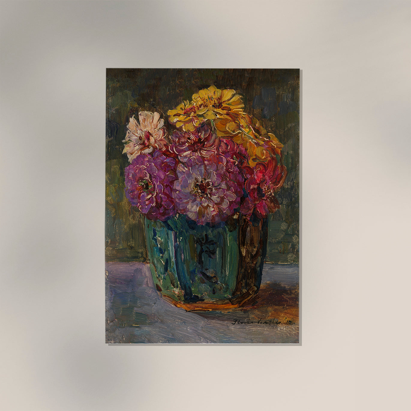 Still Life with Zinnias in a green Jar by Floris Verster Botanical Poster