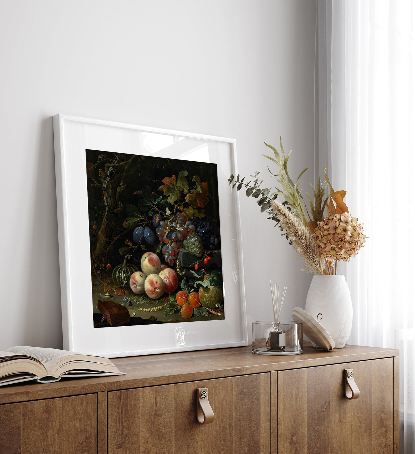 Dutch still life with fruit, foliage, and insects Botanical Squared Print