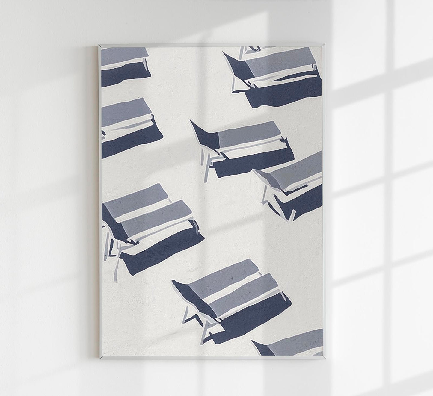 Framed artwork with blue and gray abstract pattern on a white background