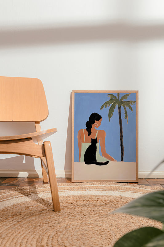Girl and a Cat Tropical Art Poster