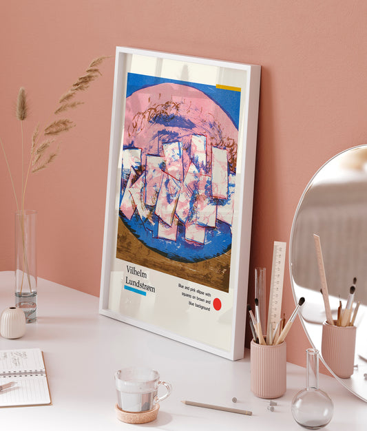 Blue and pink ellipse with squares on brown and blue background by Vilhelm Lundstroem Exhibition Poster