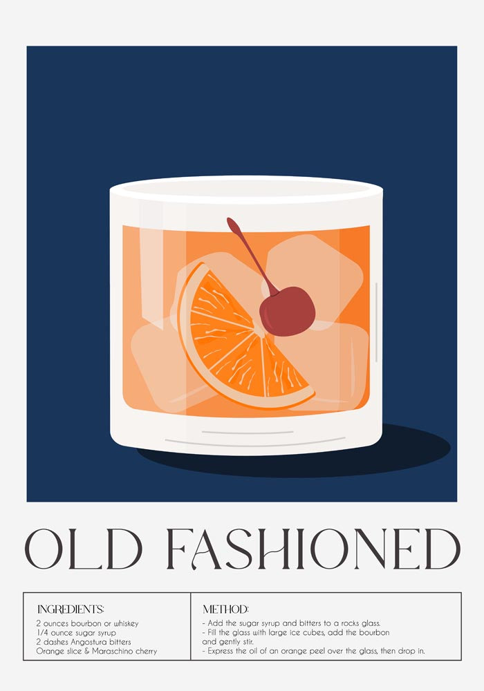 Old Fashioned Drink Dark Blue Art Poster