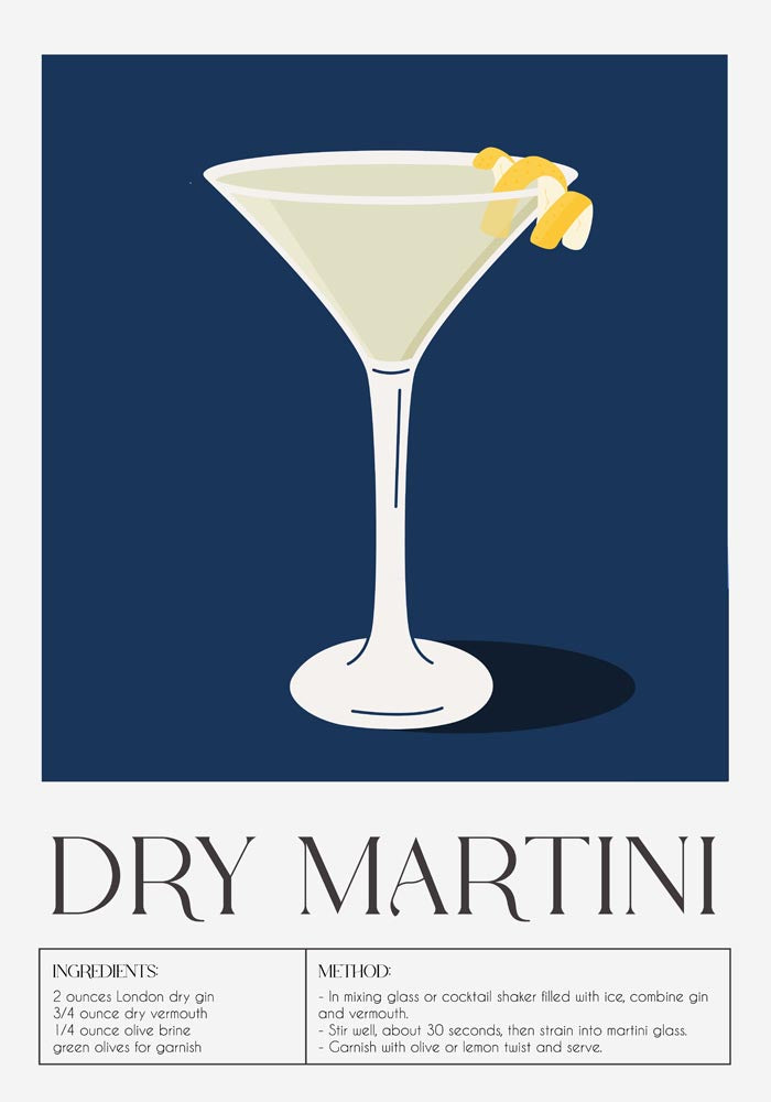 Dry Martini Drink Dark Blue Art Poster