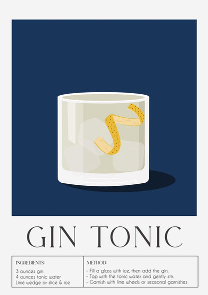 Gin Tonic Drink Dark Blue Art Poster