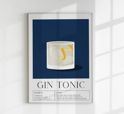 Gin Tonic Drink Dark Blue Art Poster