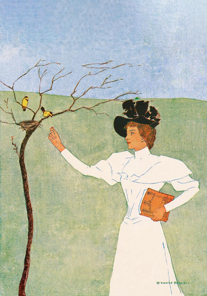 Woman reaching for birds by Edward Penfield