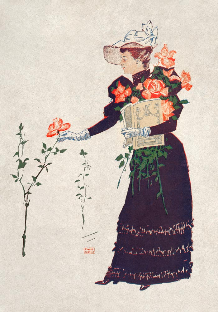 Woman picking up flowers by Edward Penfield