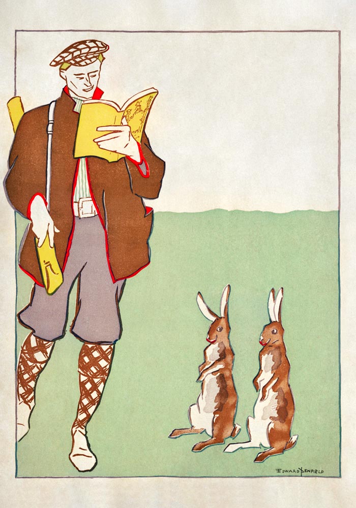 Man reading a book with Hares by Edward Penfield