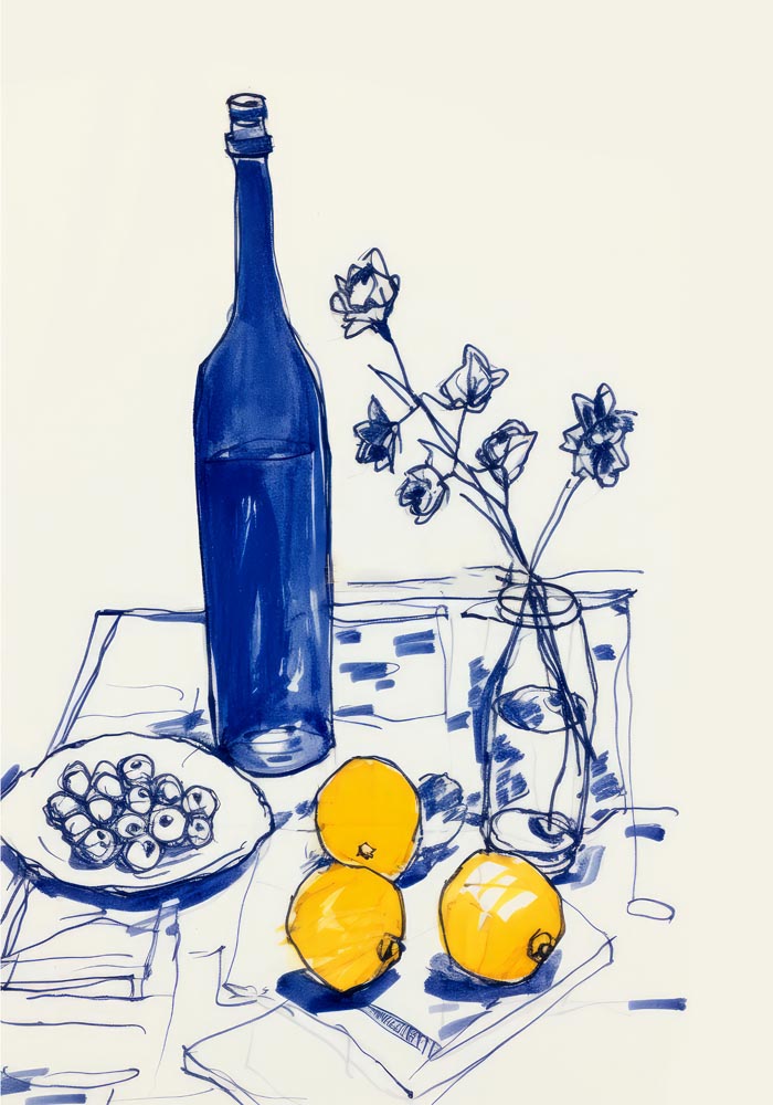Lemons and a blue bottle Art Print