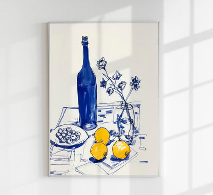 Lemons and a blue bottle Art Print