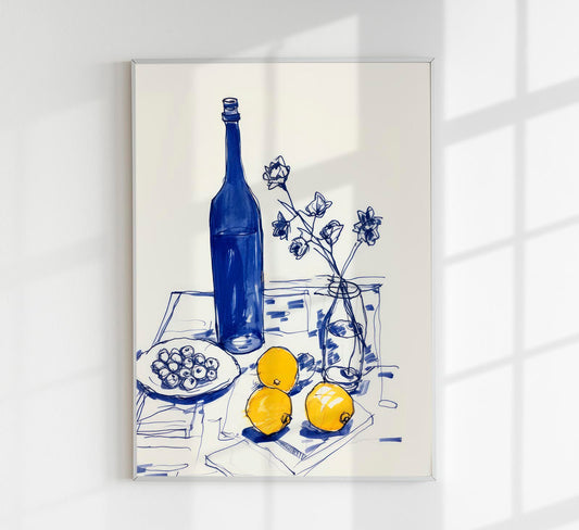 Lemons and a blue bottle Art Print