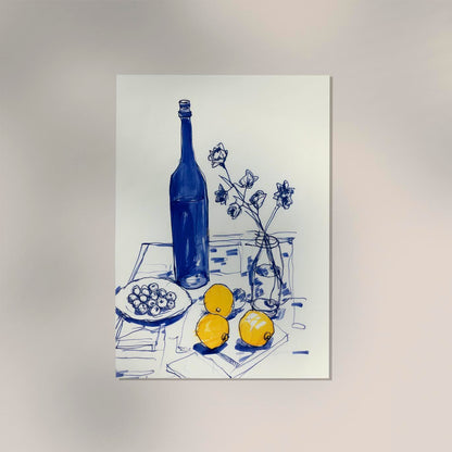 Lemons and a blue bottle Art Print