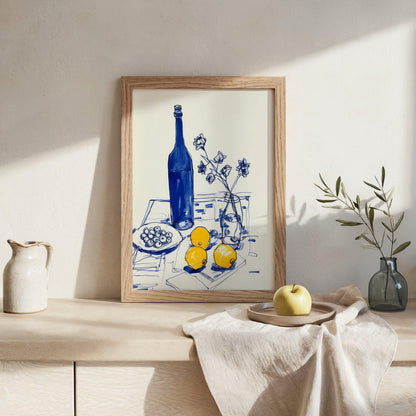 Lemons and a blue bottle Art Print