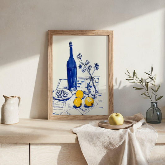 Lemons and a blue bottle Art Print