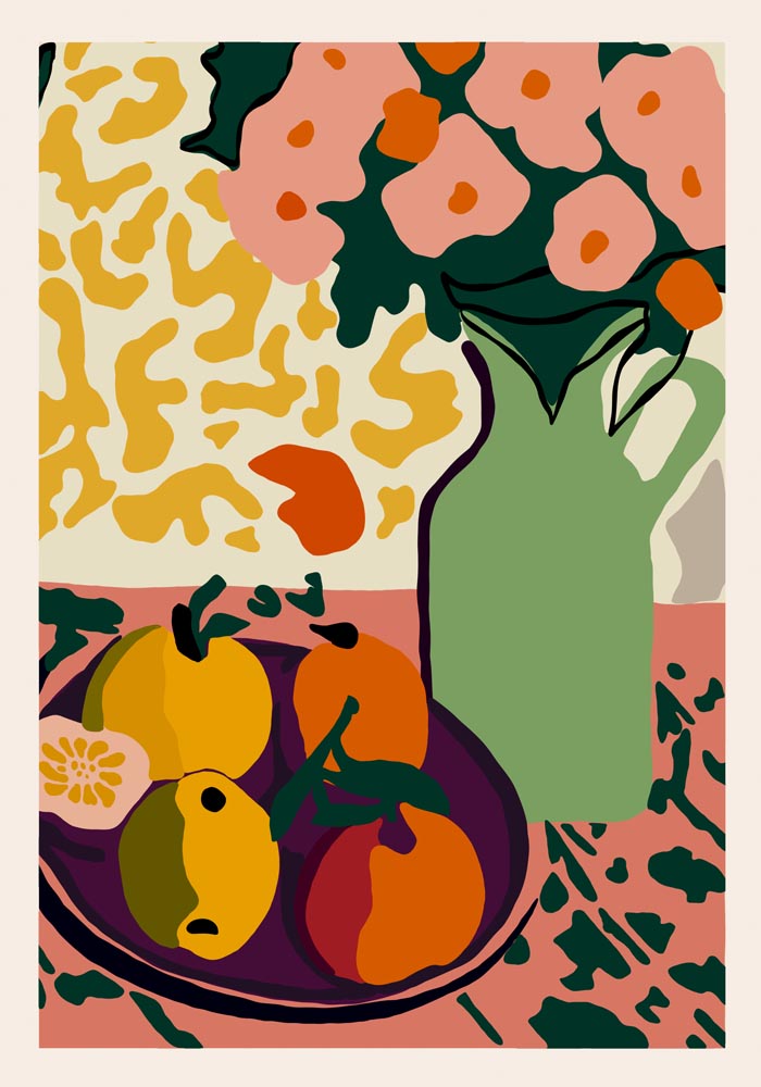 Flower vase and citric fruits Art Print