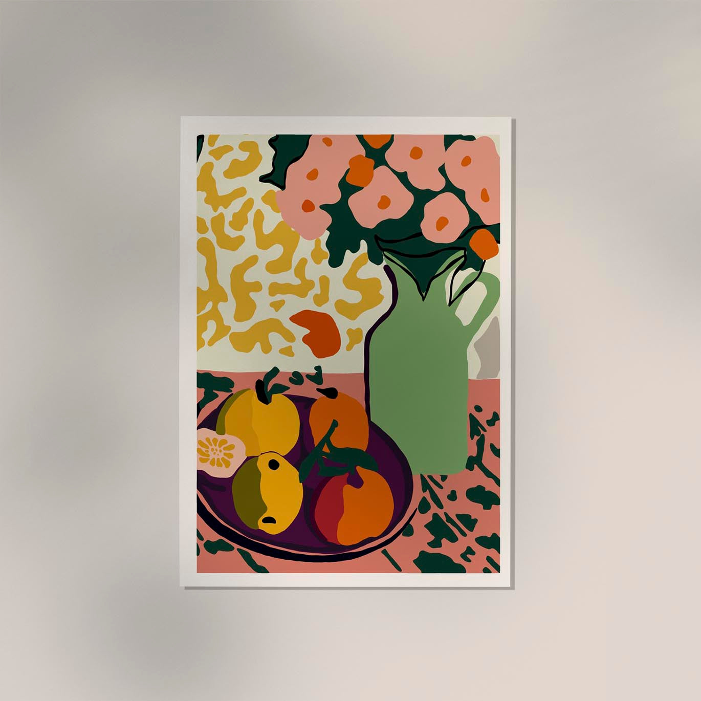 Flower vase and citric fruits Art Print