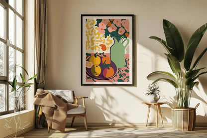 Flower vase and citric fruits Art Print