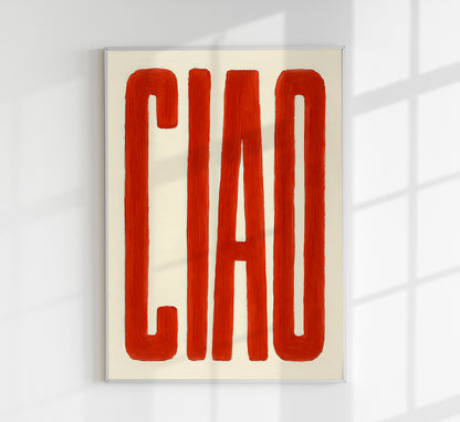 Poster with the word 'CIAO' in red on a beige background