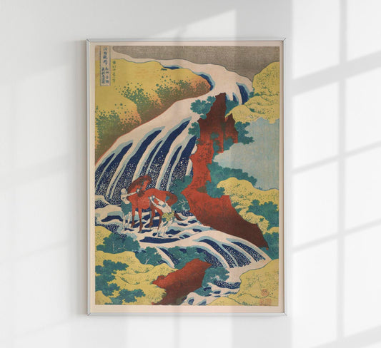 Yoshitsune WaterFalls by Hokusai Poster