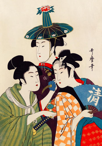 3 Geishas and a Blue Hat by Kitagawa