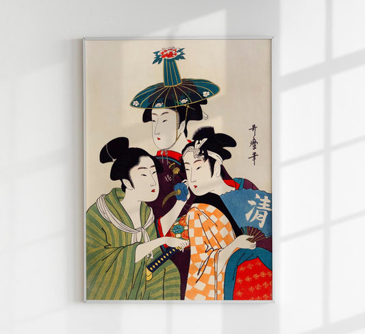 3 Geishas and a Blue Hat by Kitagawa