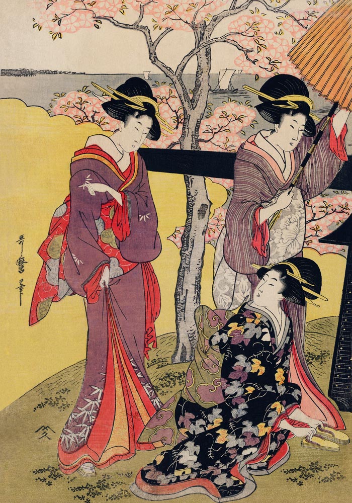 3 Geishas at Cherry Blossom Garden by Utamaro Kitagawa Poster