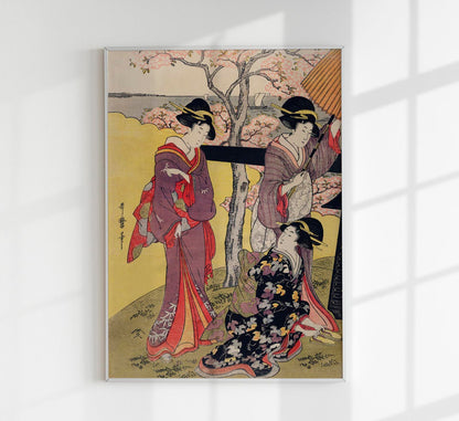 3 Geishas at Cherry Blossom Garden by Utamaro Kitagawa Poster