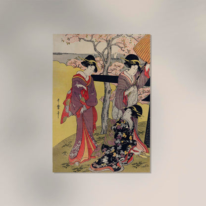 3 Geishas at Cherry Blossom Garden by Utamaro Kitagawa Poster