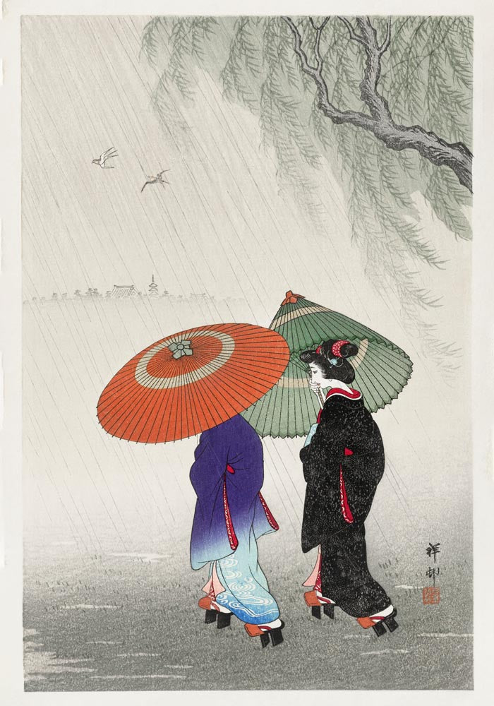 Two Women in the Rain by Ohara Koson