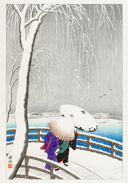 Two women in the snow on Yanagi Bridge by Ohara Koson