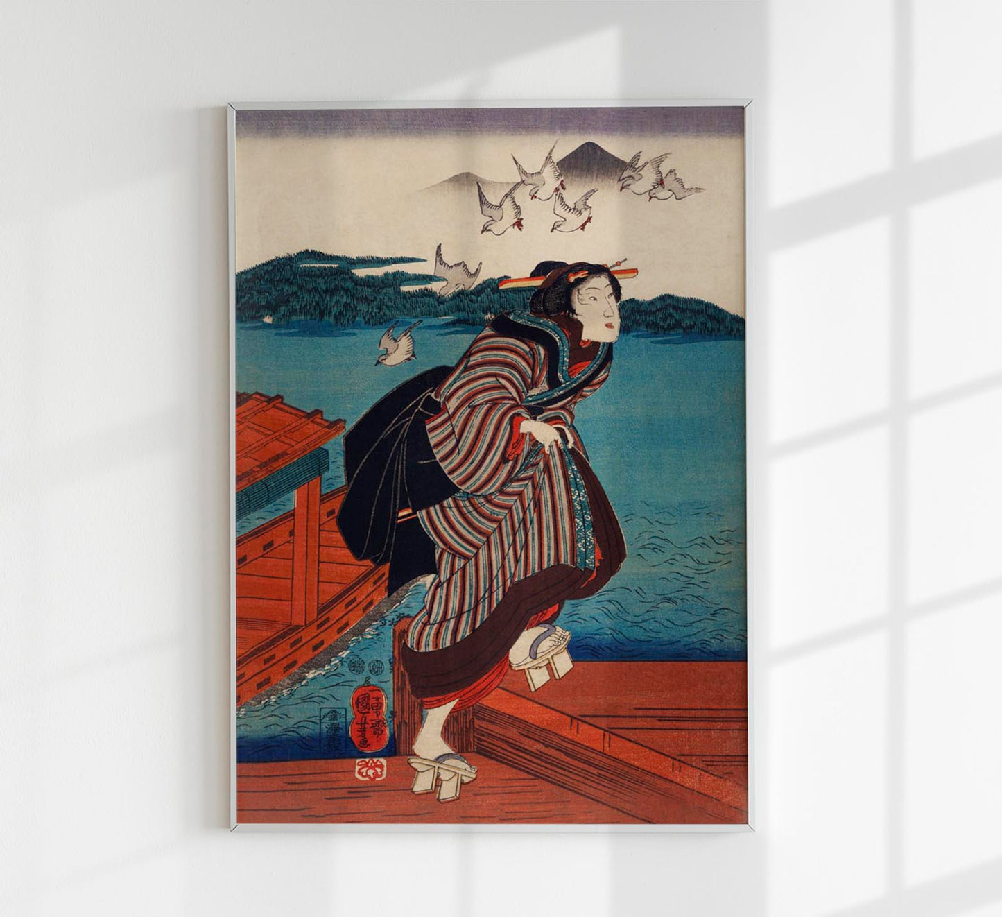 Geisha running and the sea by Utagawa Kuniyoshi Poster