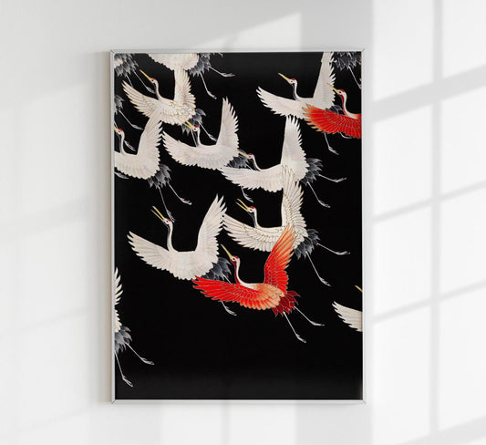 White Cranes and Red one flying Kimono Poster