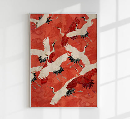 Red Cranes in Kimono Poster