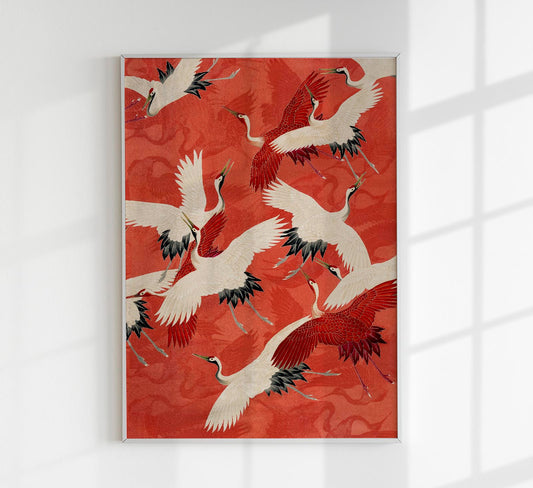 Red Cranes in Kimono Poster