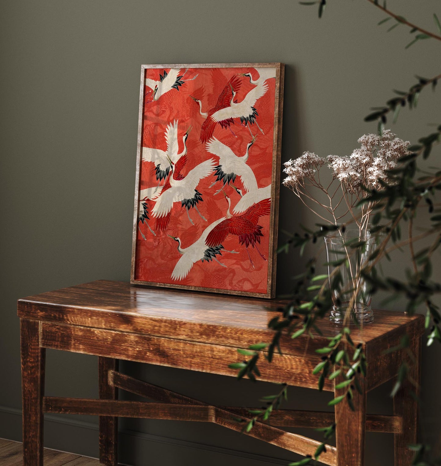 Red Cranes in Kimono Poster