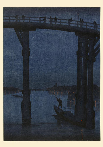 Boat under the bridge at night Poster