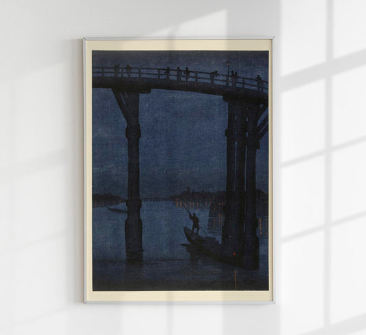 Boat under the bridge at night Poster