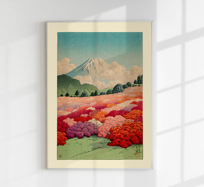 View of an Azalea Garden and Mt Fuji by Hasui Japanese Poster
