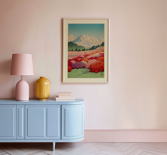 View of an Azalea Garden and Mt Fuji by Hasui Japanese Poster