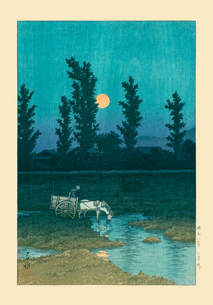 Evening Moon at Nakanoshima, Sapporo Art Print by Kawase Hasui