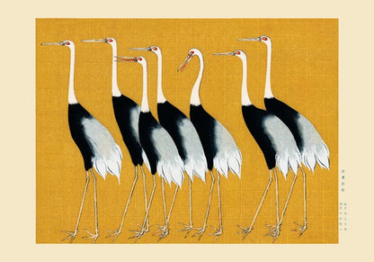 7 Yellow Japanese red crown crane with borders by Ogata Korin