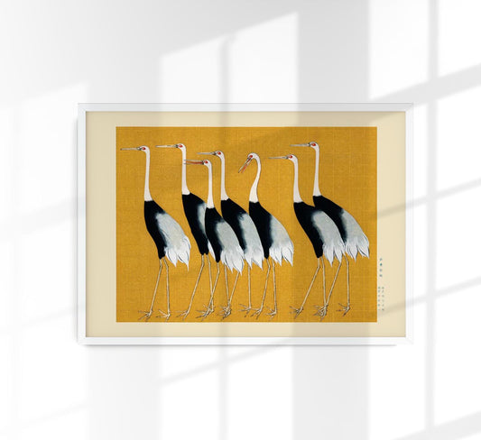 7 Yellow Japanese red crown crane with borders by Ogata Korin
