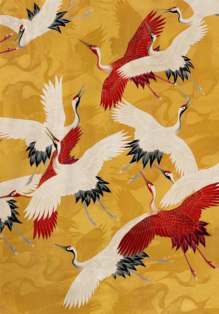 Red Cranes in Gold Yellow Kimono Poster