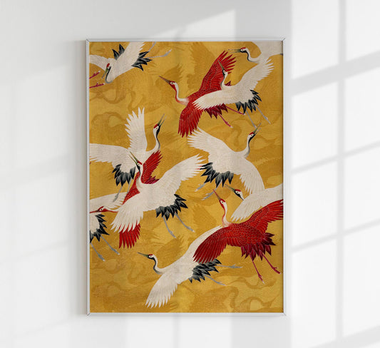 Red Cranes in Gold Yellow Kimono Poster