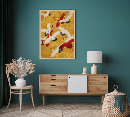 Red Cranes in Gold Yellow Kimono Poster