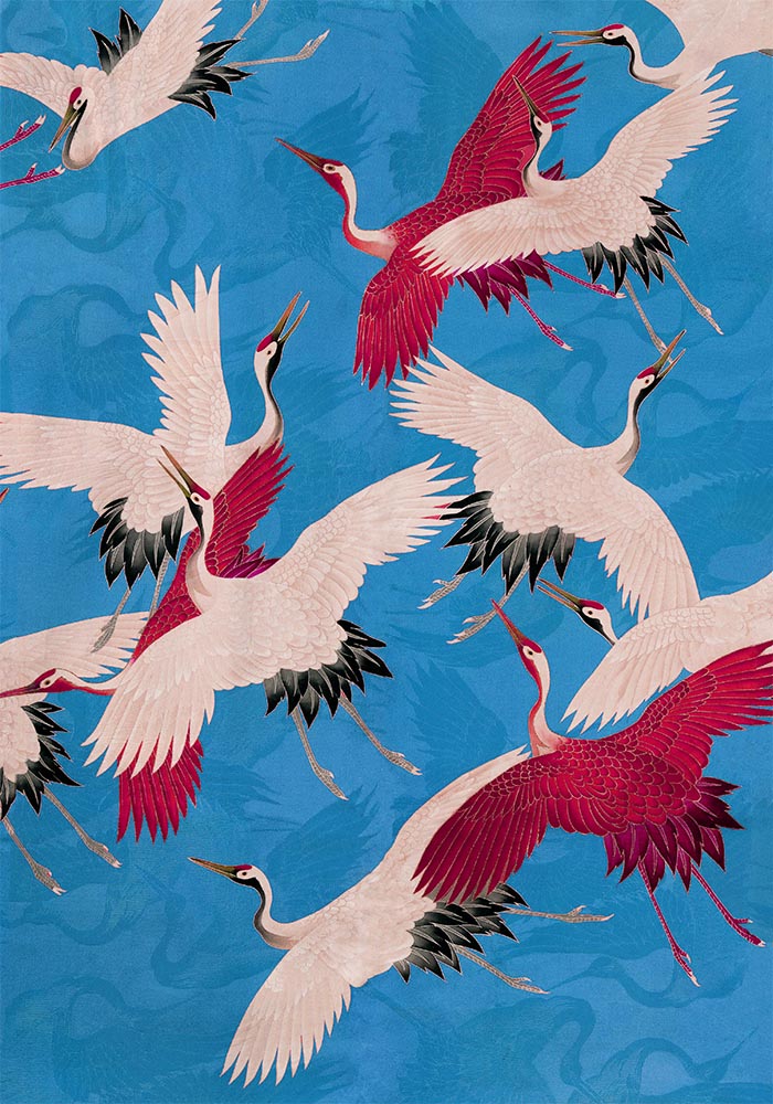 Pink Cranes in Blue Kimono Poster